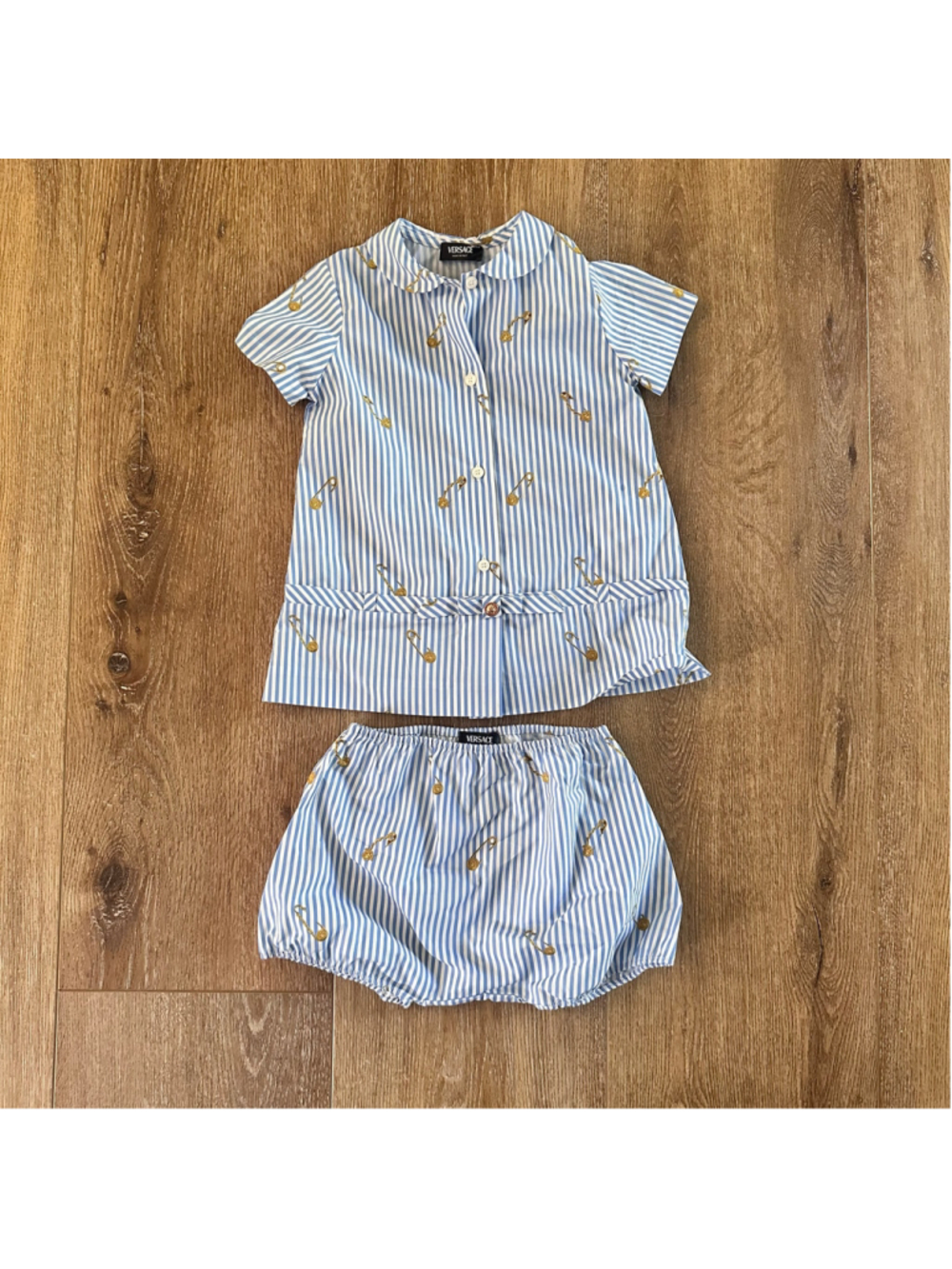 Versace Baby Matching Set 18 Months Blue White Striped Safety Pin Print
